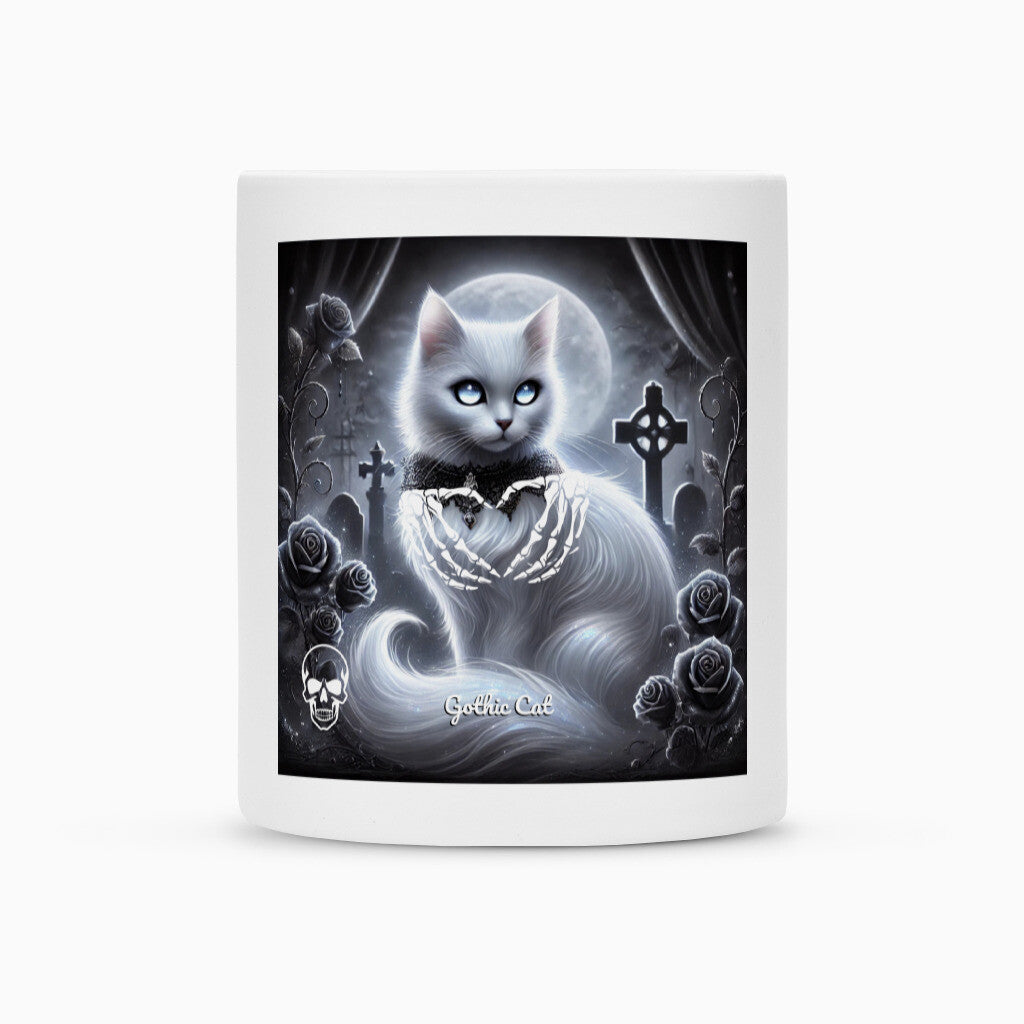 Gothic Tasse mit weißer Katze, super als Geschenk zu jeden Anlass