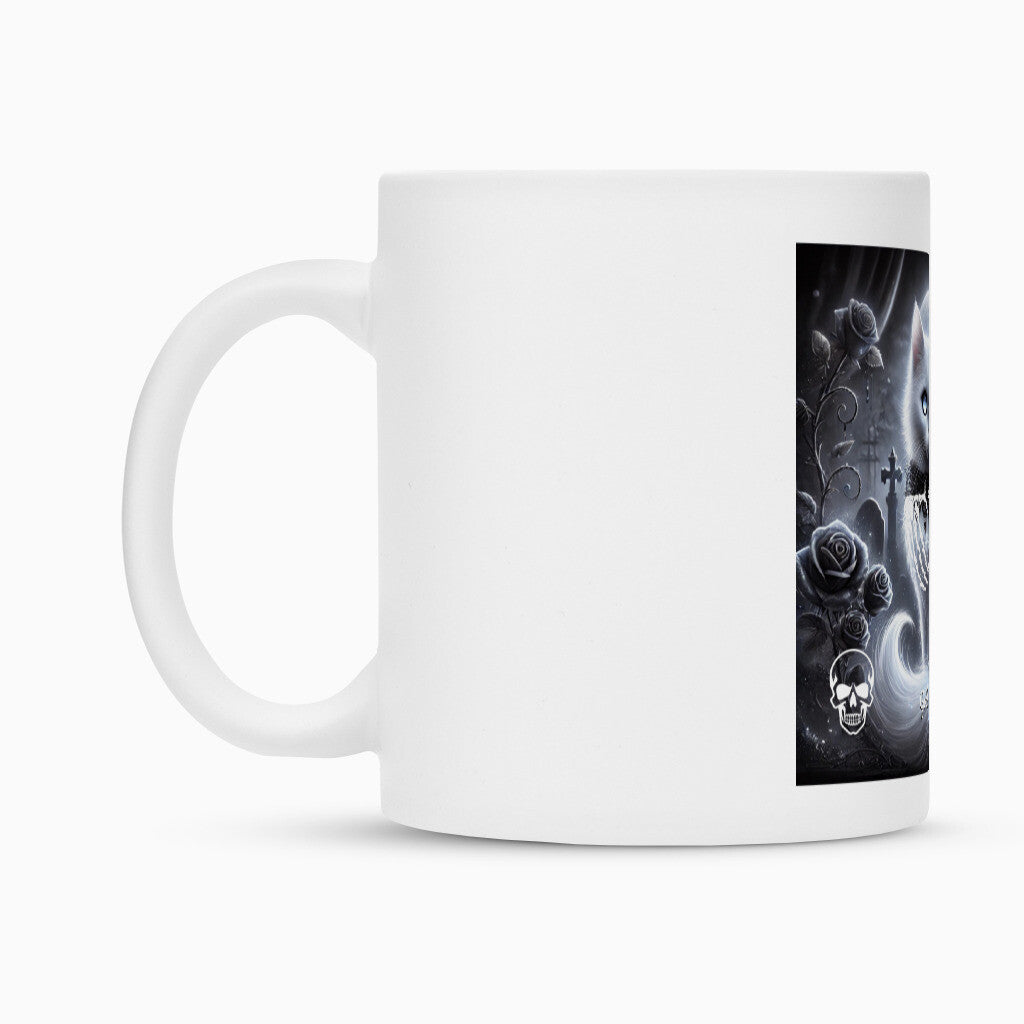 Gothic Tasse mit weißer Katze, super als Geschenk zu jeden Anlass