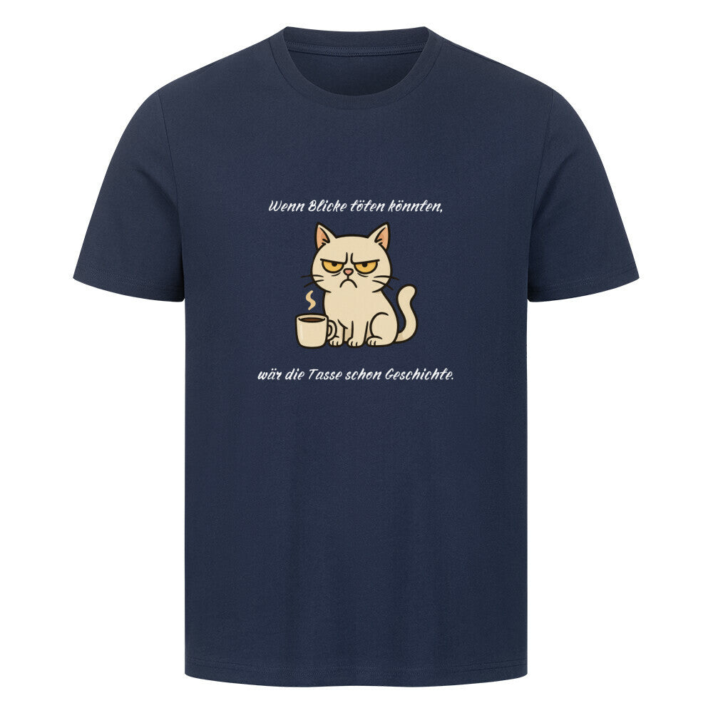 Katze grimmig, Morgenmuffel, Lustiges Katzenmotiv auf T-shirt, T-Shirt in blau, für Katzenfreunde