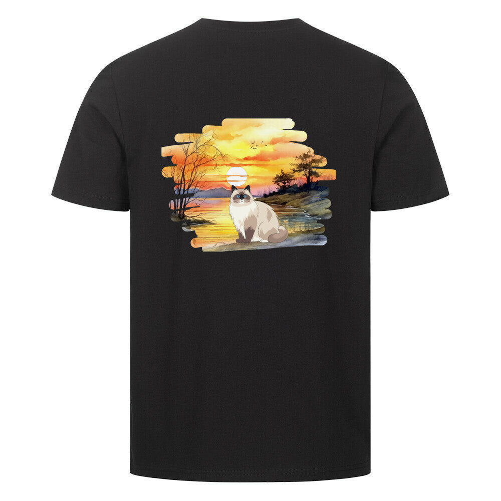 T-shirt mit Katzendesign in Schwarz, Katze, Sonnenuntergang, Katzenfreunde, Motiv Vorderseite
