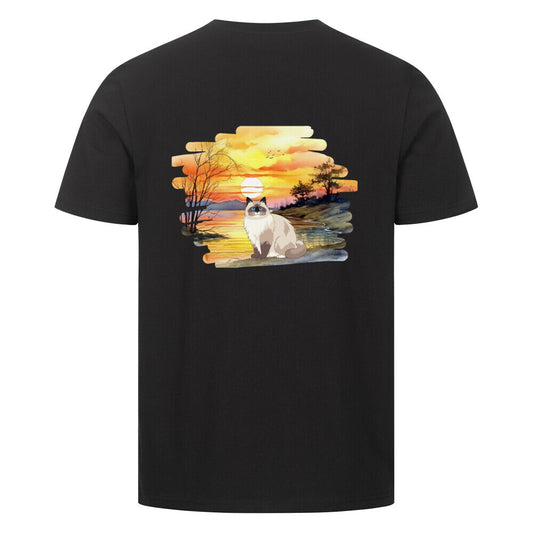 T-shirt mit Katzendesign in Schwarz, Katze, Sonnenuntergang, Katzenfreunde, Motiv Vorderseite