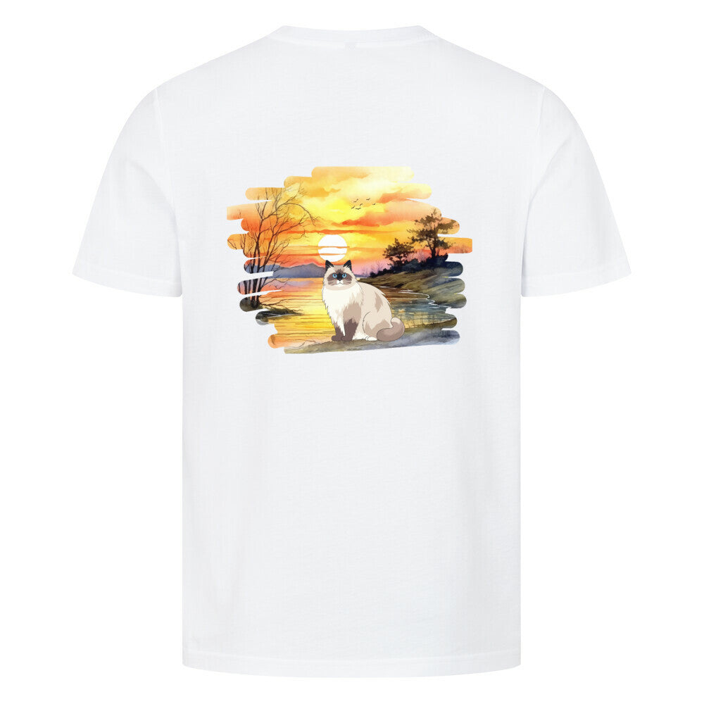 T-shirt mit Katzendesign in weiß, Katze, Sonnenuntergang, Katzenfreunde, Motiv Vorderseite