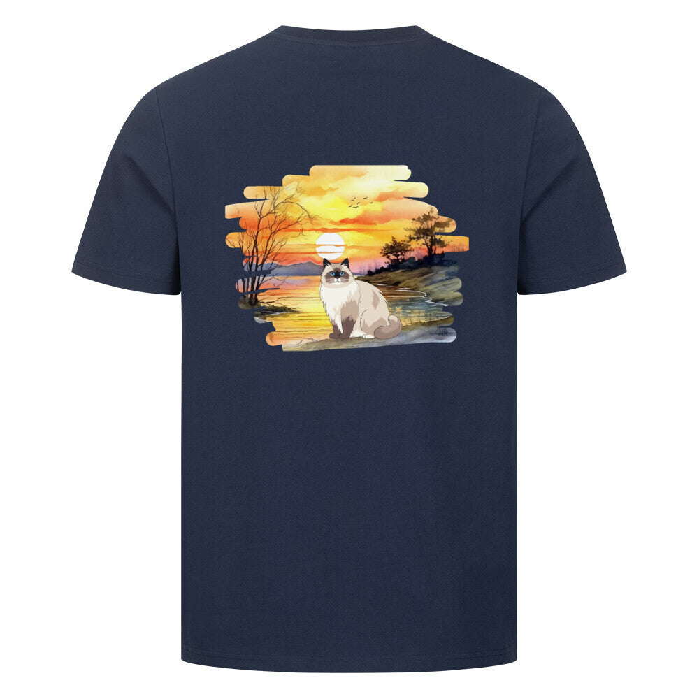 T-shirt mit Katzendesign in blau, Katze, Sonnenuntergang, Katzenfreunde, Motiv Vorderseite
