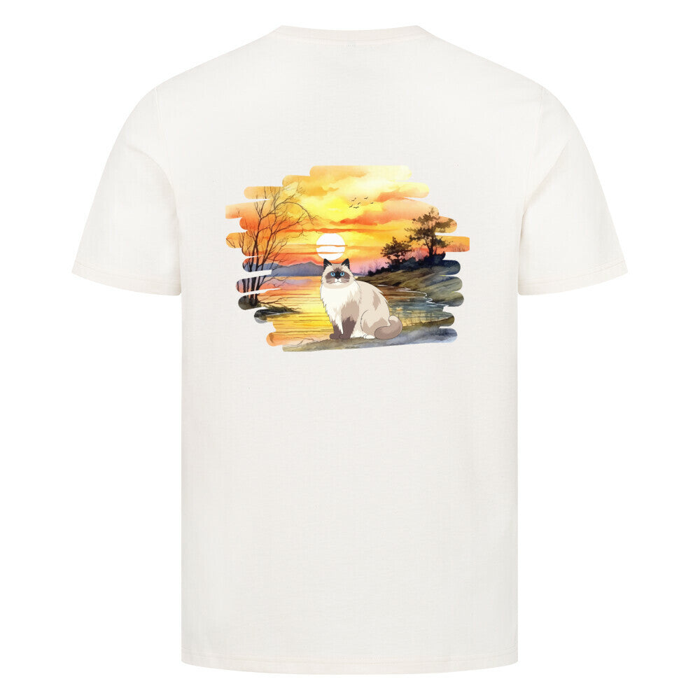T-shirt mit Katzendesign in beige, Katze, Sonnenuntergang, Katzenfreunde, Motiv Vorderseite