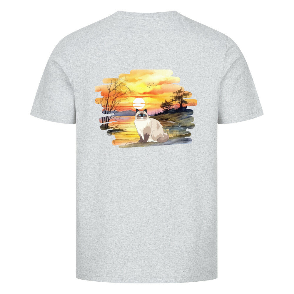 T-shirt mit Katzendesign in grau, Katze, Sonnenuntergang, Katzenfreunde, Motiv Vorderseite