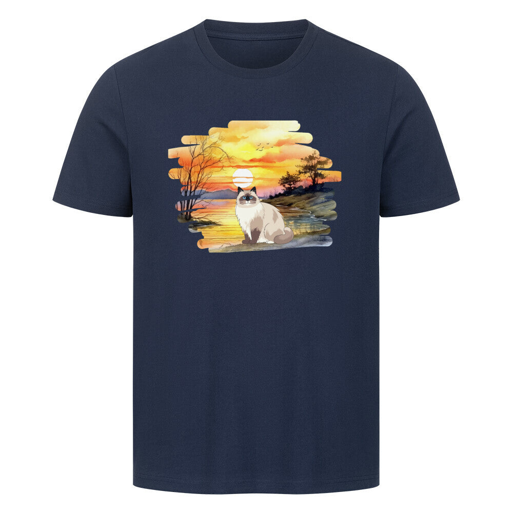 T-shirt mit Katzendesign in blau, Katze, Sonnenuntergang, Katzenfreunde