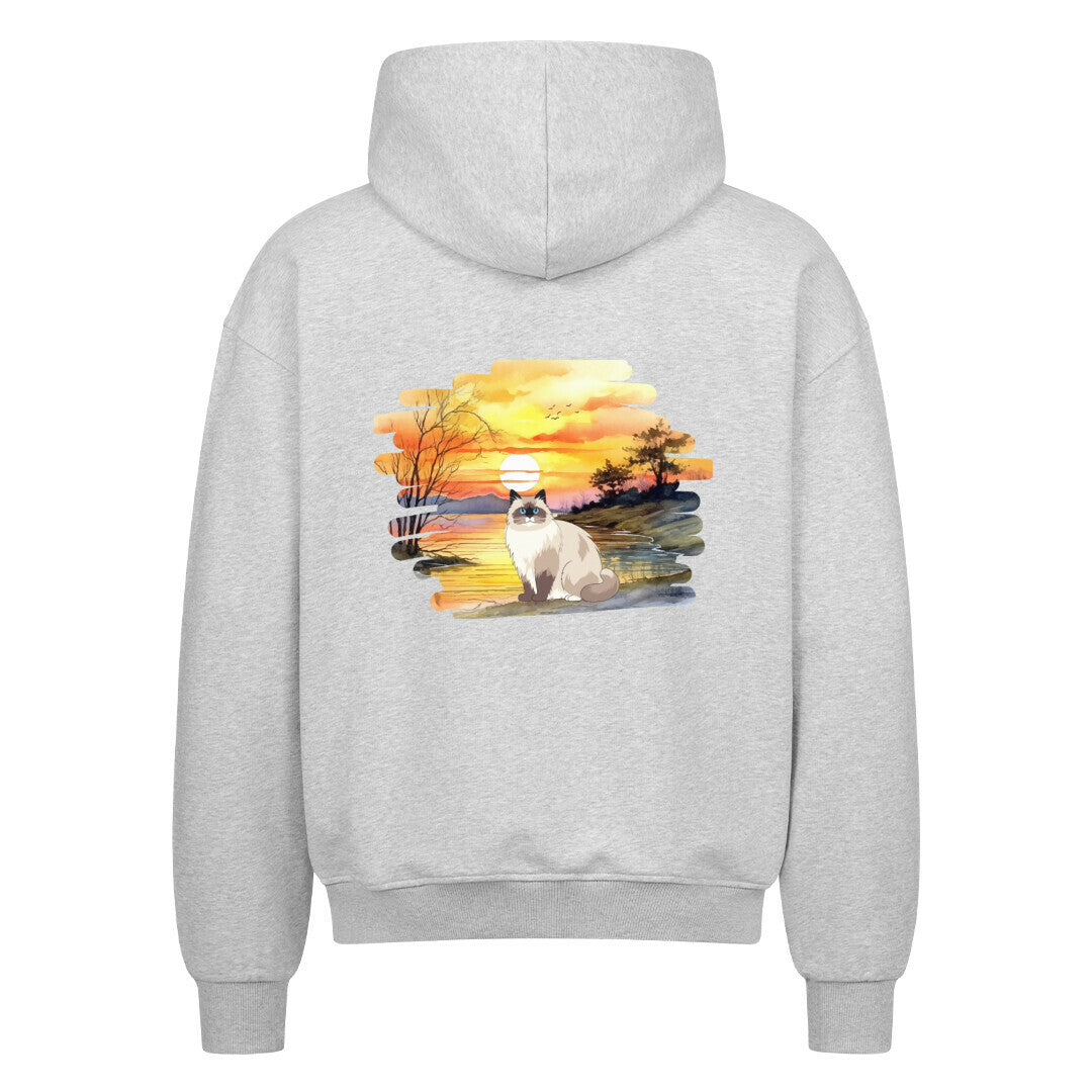 exklusiven Katze Hoodie, Katzenmotiv, Sonnenuntergang, Hoodie in grau