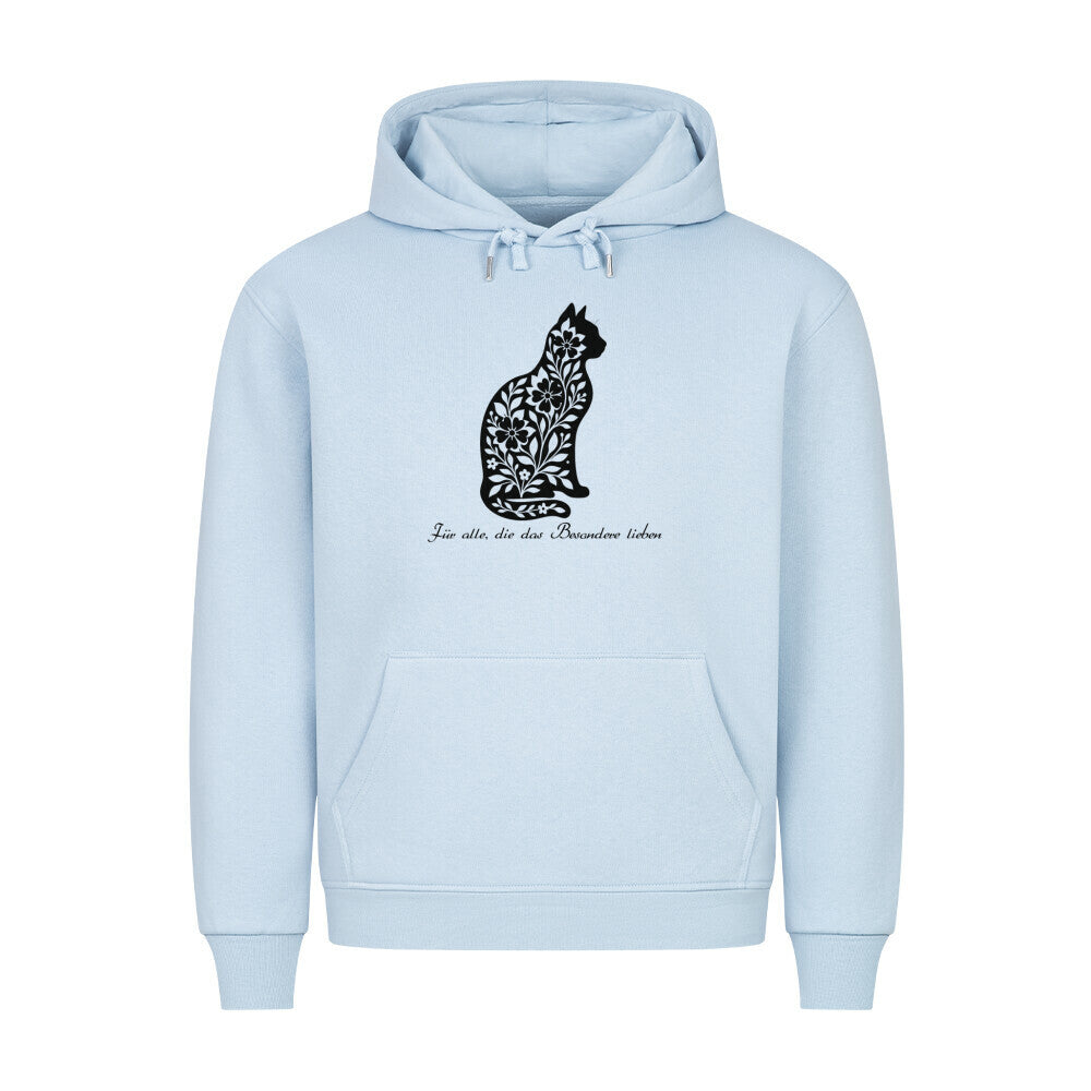 Katze aus Blumenmotiven auf blauen Hoodie, für Katzenmamas