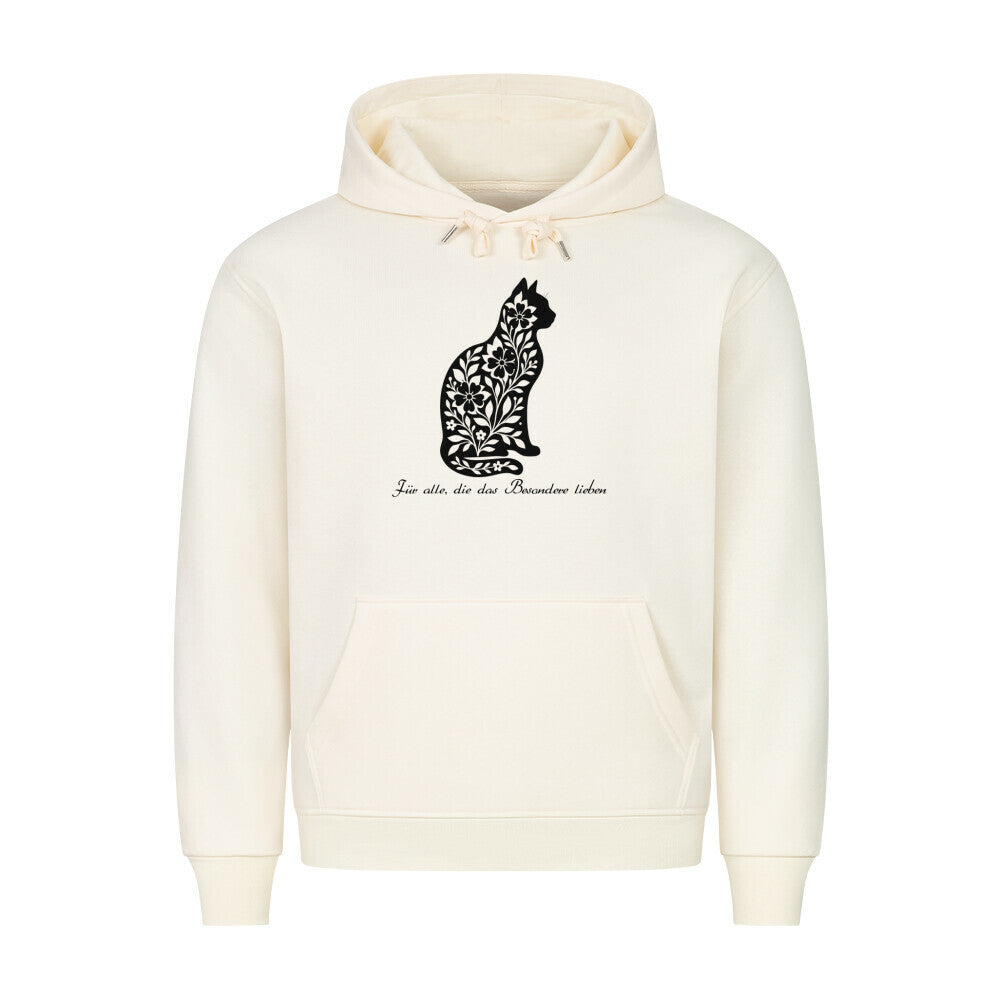 Katze aus Blumenmotiven auf beigen Hoodie, für Katzenmamas, als Geschenk