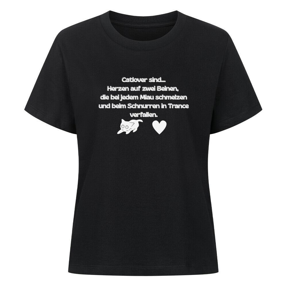 Schwarzes Frauen T-Shirt, Catlover sind,  mit Katzenmotiv, Katze und Herz, Katzenfreunde