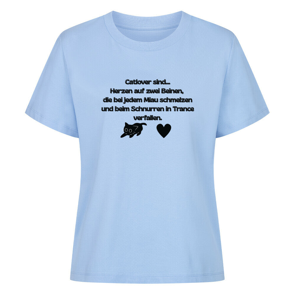 blaues Frauen T-Shirt, Catlover sind,  mit Katzenmotiv, Katze und Herz, Katzenfreunde