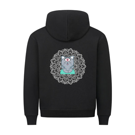 Schwarzer Hoodie mit meditierender Katze im Lotussitz – Yoga-Motiv für Katzenliebhaber