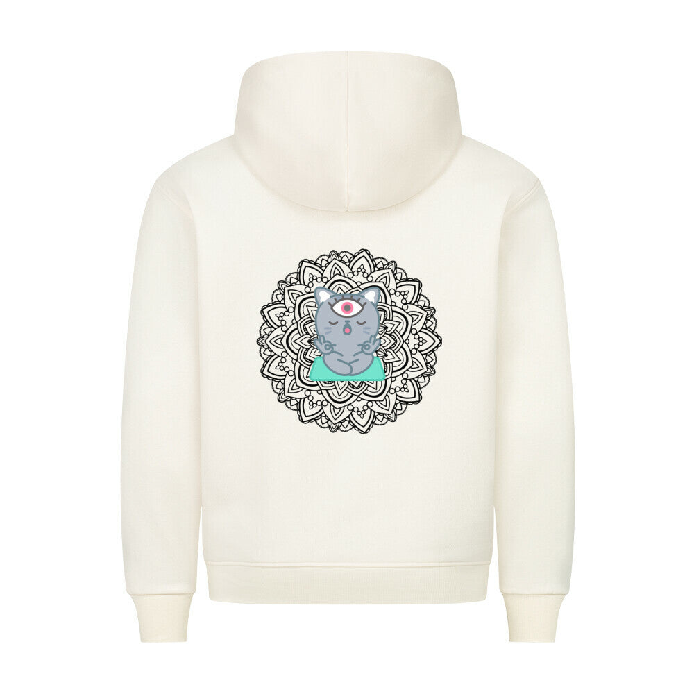 beige Hoodie mit meditierender Katze im Lotussitz – Yoga-Motiv für Katzenliebhaber