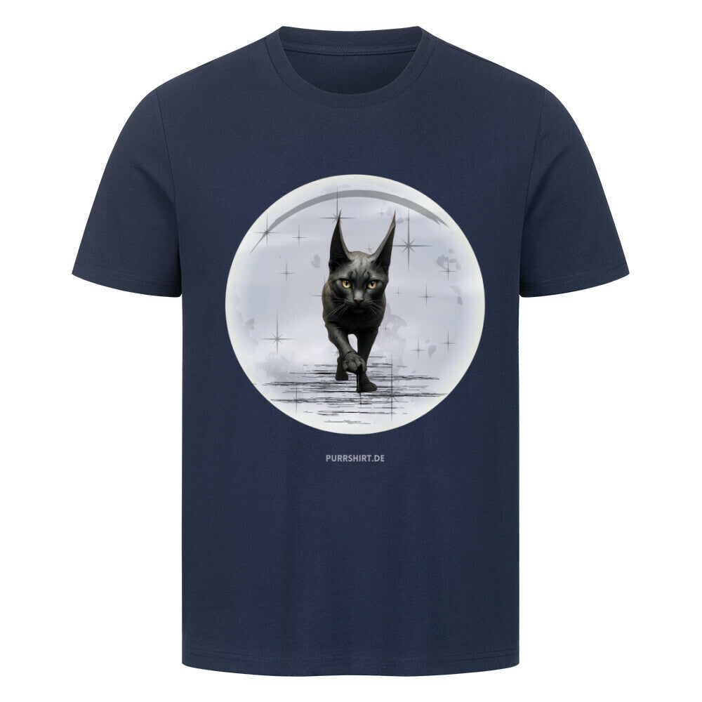 T-Shirt in Blau, Design Katze auf dem Mond, Katzenmotiv, von purrshirt