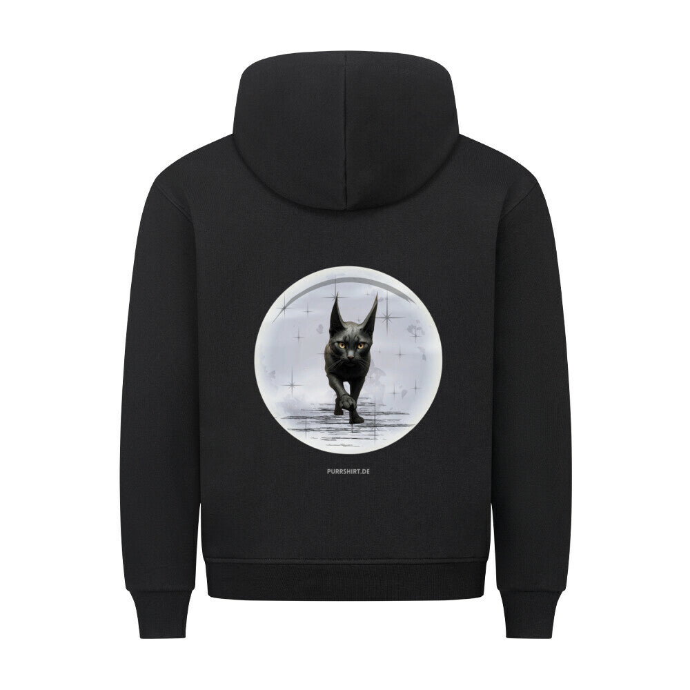 Hoodie in Schwarz, Motiv Katze auf dem Mond, für Katzenfreunde