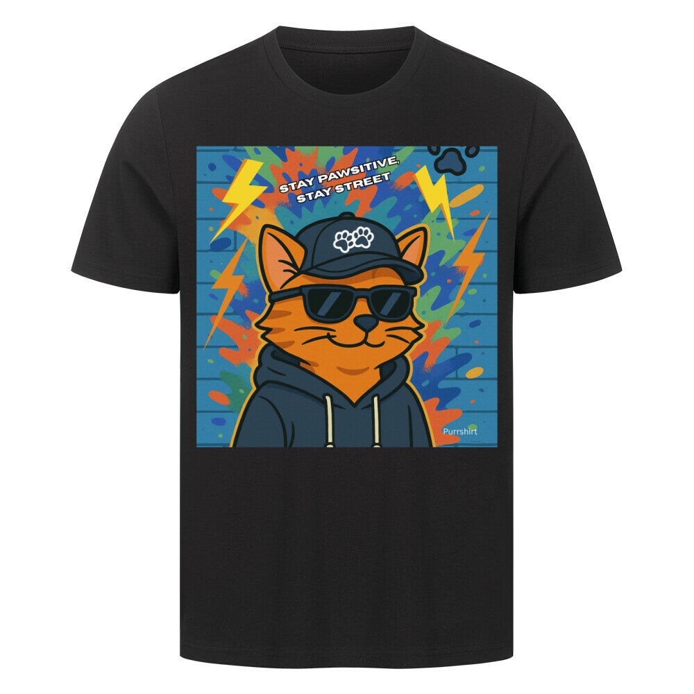 Katzenmotiv Streetware, Graffiti Style, schwarzes T-Shirt mit Katzendruck