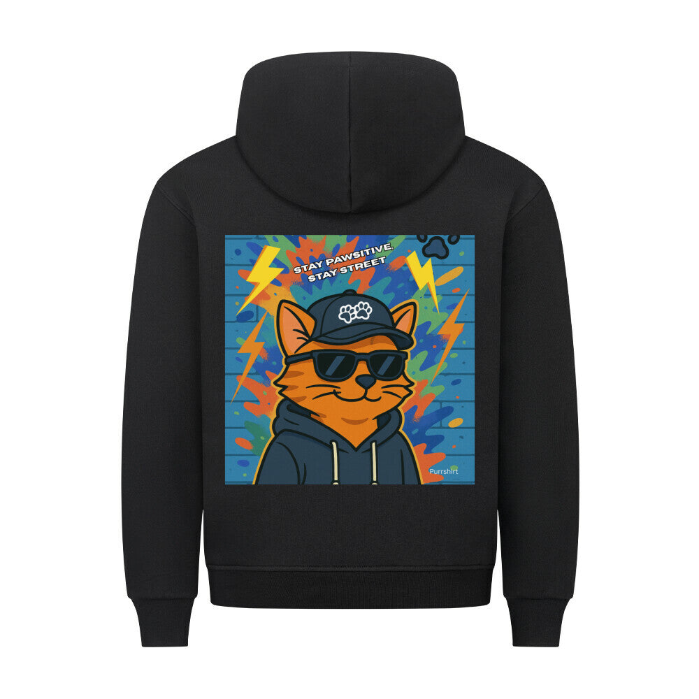 bunter Graffiti Hoodie mit Katze, Lustiges Katzenmotiv, cooles Streetware in Schwarz