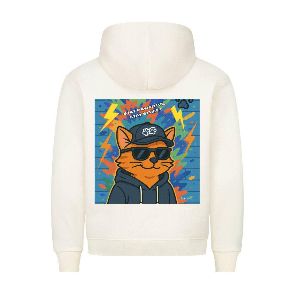 Graffiti Hoodie mit Katze, Lustiges Katzenmotiv, cooles Streetware in Beige,