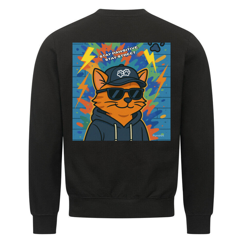 Sweatshirt schwarz mit Graffiti-Katze – urbanes Streetwear Design für Katzenfans