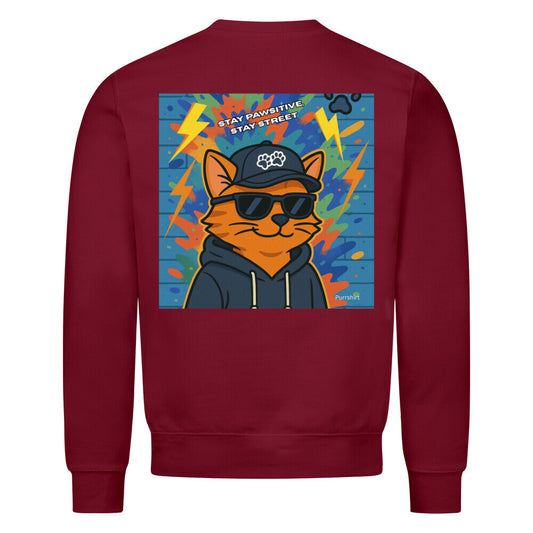 Sweatshirt rot mit Graffiti-Katze – urbanes Streetwear Design für Katzenfans