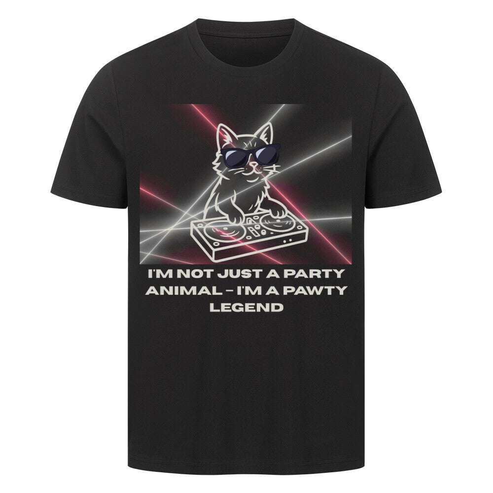 llustration einer coolen Katze mit Sonnenbrille, die mit den Pfoten auf einem DJ-Pult steht – im Comicstil, mit selbstbewusstem Ausdruck und stylischem Look, in schwarz