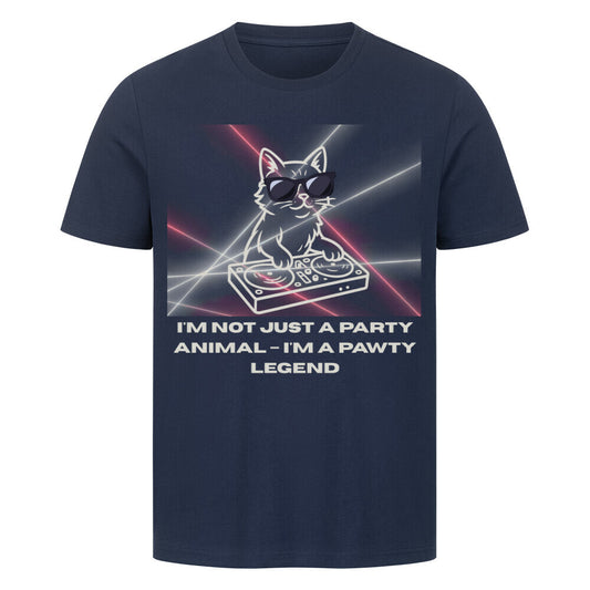 llustration einer coolen Katze mit Sonnenbrille, die mit den Pfoten auf einem DJ-Pult steht – im Comicstil, mit selbstbewusstem Ausdruck und stylischem Look, in blau