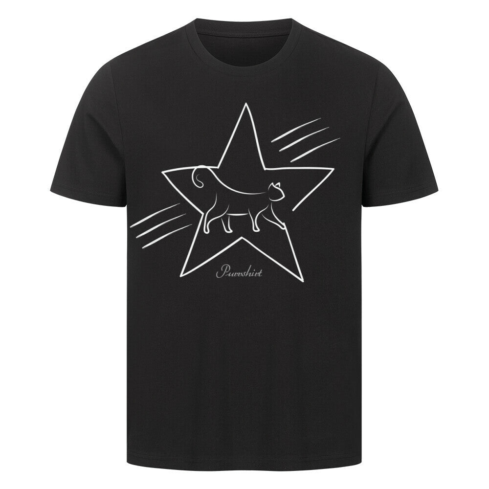 Grafik einer aufrecht stehenden Katze mit erhobenem Kopf, umrahmt von einem symmetrischen fünfzackigen Stern – ein auffälliges T-Shirt-Motiv für Katzenfans mit einem Hauch Galaxie-Flair. in schwaz