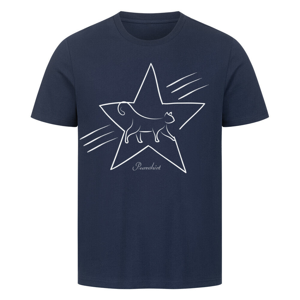 Grafik einer aufrecht stehenden Katze mit erhobenem Kopf, umrahmt von einem symmetrischen fünfzackigen Stern – ein auffälliges T-Shirt-Motiv für Katzenfans mit einem Hauch Galaxie-Flair. in blau