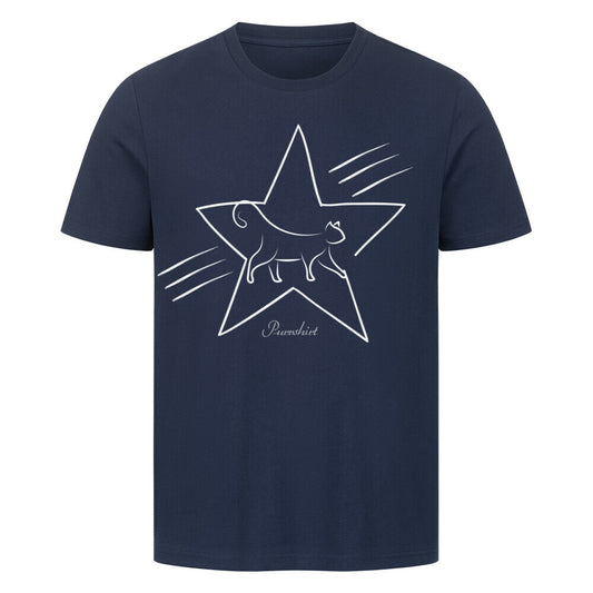 Grafik einer aufrecht stehenden Katze mit erhobenem Kopf, umrahmt von einem symmetrischen fünfzackigen Stern – ein auffälliges T-Shirt-Motiv für Katzenfans mit einem Hauch Galaxie-Flair. in blau
