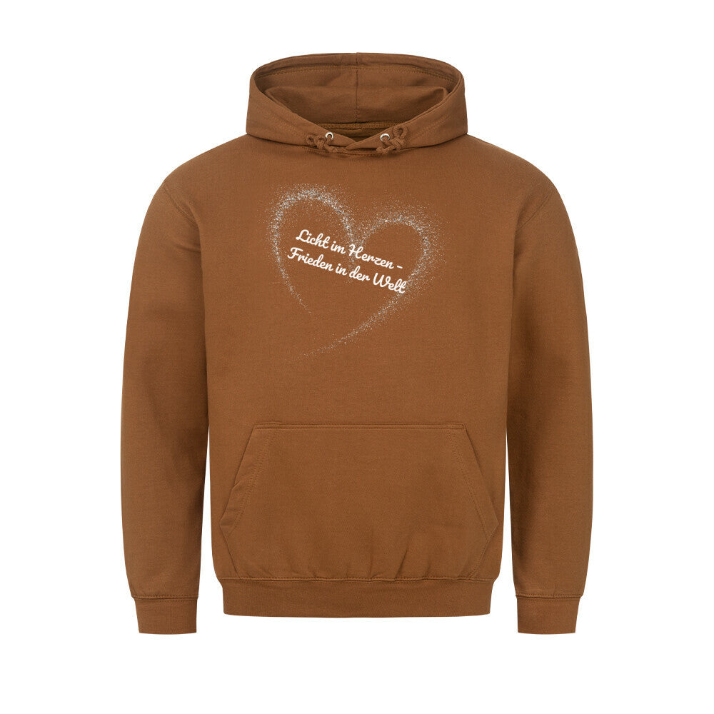 Licht im Herzen Hoodie, Frieden in der Welt, spiritueller Hoodie, Sabine Frieden Kollektion, Friedensbotschaft Kleidung, Hoodie mit Botschaft, positives Statement Hoodie, Yoga Hoodie, Achtsamkeit, Meditation, color: caramel toffee