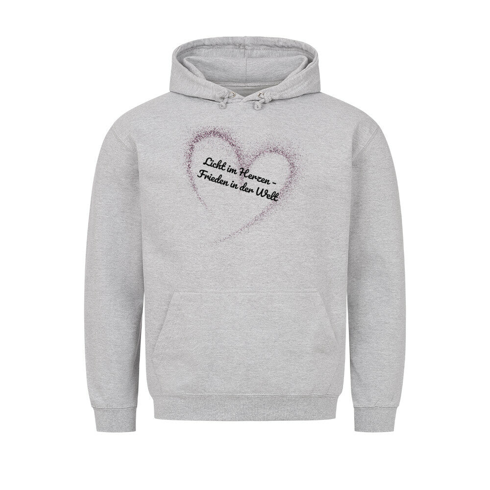 Licht im Herzen Hoodie, Frieden in der Welt, spiritueller Hoodie, Sabine Frieden Kollektion, Friedensbotschaft Kleidung, Hoodie mit Botschaft, positives Statement Hoodie, Yoga Hoodie, Achtsamkeit, Meditation, color: heather grey