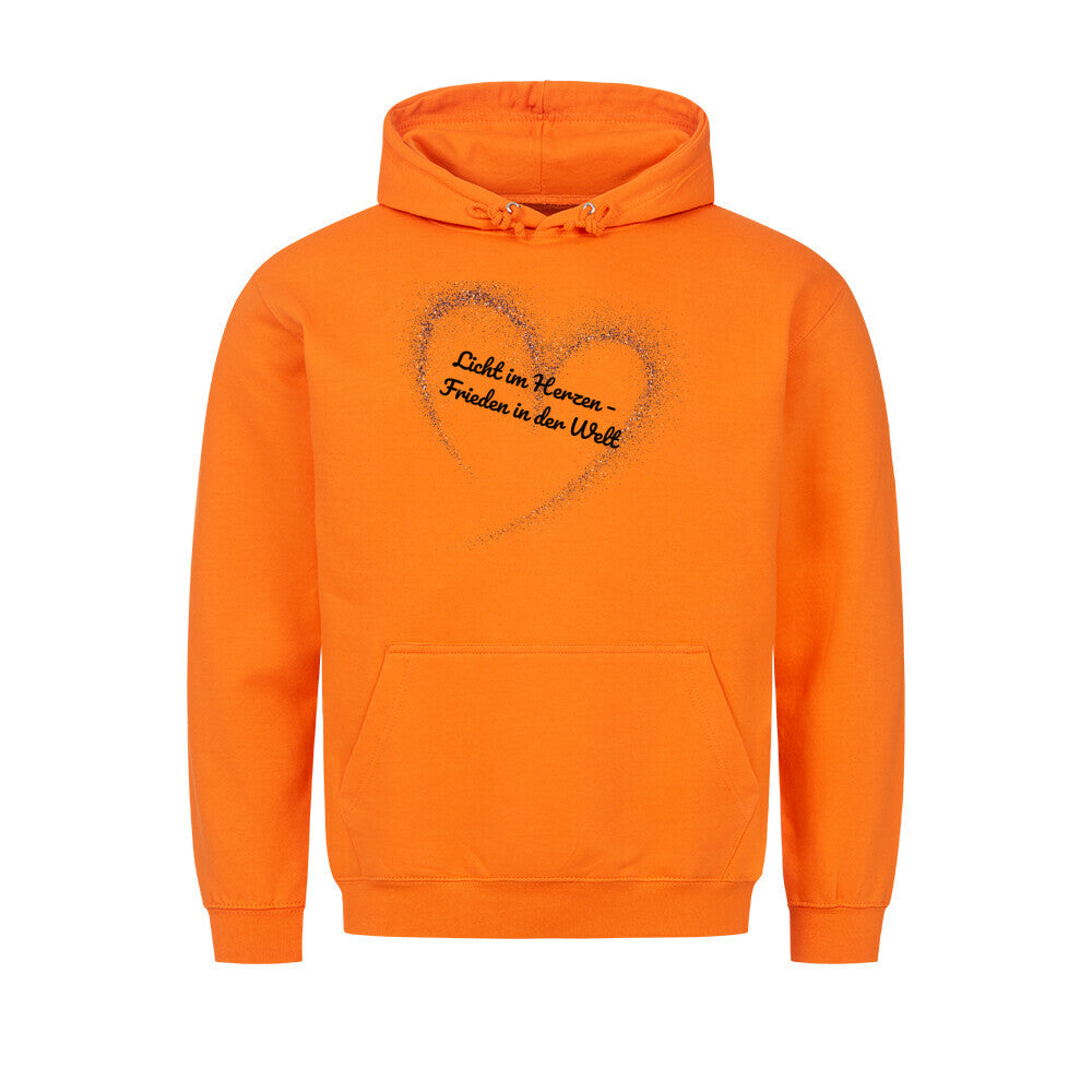 Licht im Herzen Hoodie, Frieden in der Welt, spiritueller Hoodie, Sabine Frieden Kollektion, Friedensbotschaft Kleidung, Hoodie mit Botschaft, positives Statement Hoodie, Yoga Hoodie, Achtsamkeit, Meditation, color: orange