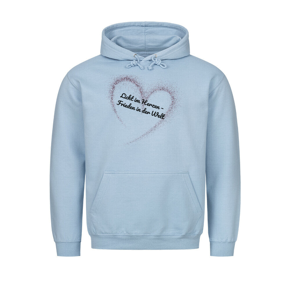 Licht im Herzen Hoodie, Frieden in der Welt, spiritueller Hoodie, Sabine Frieden Kollektion, Friedensbotschaft Kleidung, Hoodie mit Botschaft, positives Statement Hoodie, Yoga Hoodie, Achtsamkeit, Meditation, hoodie, color: babyblau