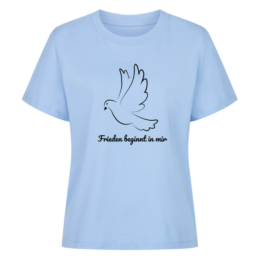 Licht im Herzen, Frieden beginnt in mir, Friedensshirt, spirituelles T-Shirt, Sabine Frieden Kollektion, positives Statement Shirt, Geschenk für Friedensfreunde, liebevolle Botschaft Shirt, Yoga Shirt, Achtsamkeit, Taube, Friedenstaube, göttliche Botschaft color: sky blue, Frauen T-Shirt