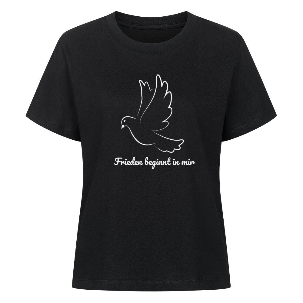 Licht im Herzen, Frieden beginnt in mir, Friedensshirt, spirituelles T-Shirt, Sabine Frieden Kollektion, positives Statement Shirt, Geschenk für Friedensfreunde, liebevolle Botschaft Shirt, Yoga Shirt, Achtsamkeit, Taube, Friedenstaube, göttliche Botschaft, color: schwarz, Frauen T-Shirt