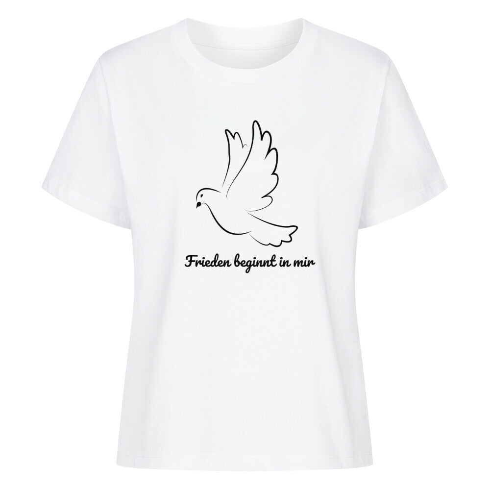 Licht im Herzen, Frieden beginnt in mir, Friedensshirt, spirituelles T-Shirt, Sabine Frieden Kollektion, positives Statement Shirt, Geschenk für Friedensfreunde, liebevolle Botschaft Shirt, Yoga Shirt, Achtsamkeit, Taube, Friedenstaube, göttliche Botschaft, color: weiß, Frauen T-Shirt