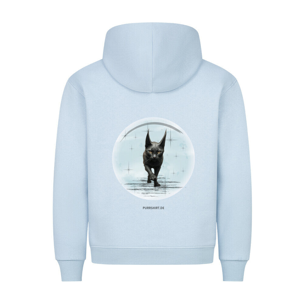 Hoodie in Hellblau, mit Katze auf dem Mond, für Katzenfans,