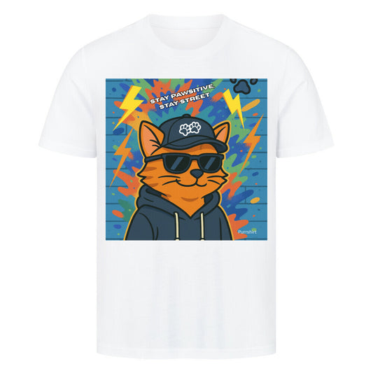 Katzenmotiv Streetware, Graffiti Style, weißes T-Shirt mit Katzendruck