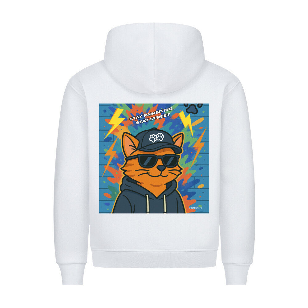 weißer Graffiti Hoodie mit Katzendesign, lustiges Katzenmotiv, cooles Streetware 
