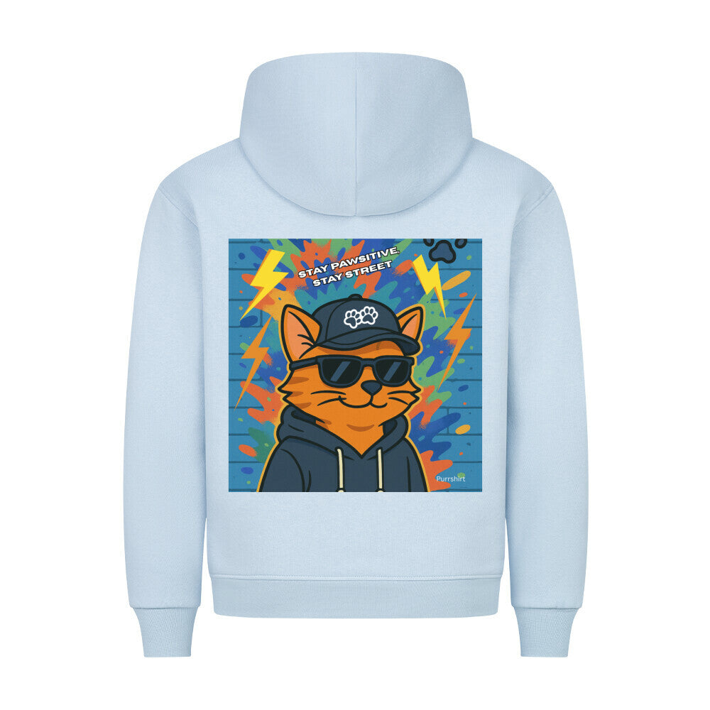 Graffiti Hoodie mit Katze, Lustiges Katzenmotiv, cooles Streetware in Hellblau