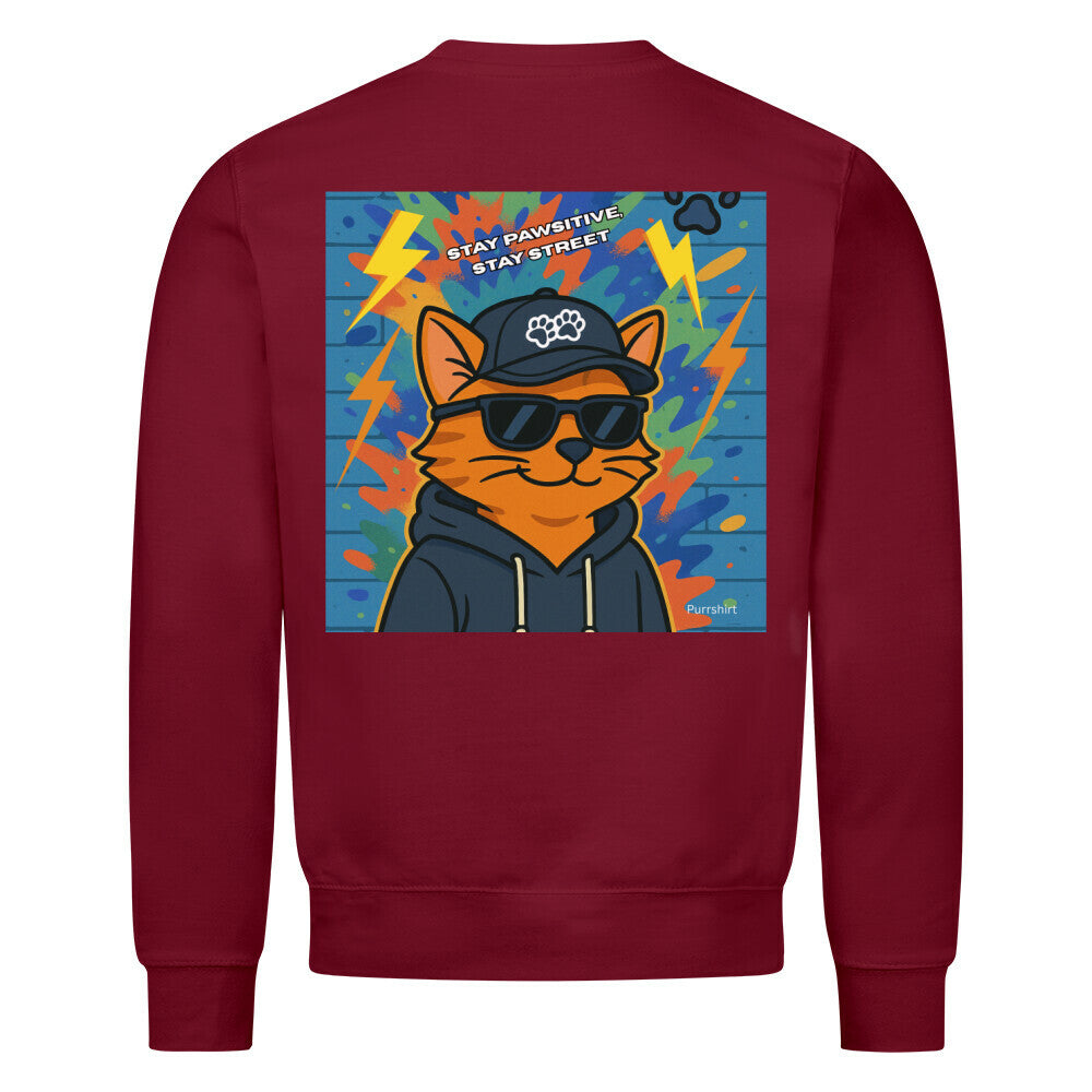 Sweatshirt rot mit Graffiti-Katze – urbanes Streetwear Design für Katzenfans
