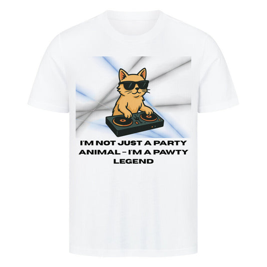 llustration einer coolen Katze mit Sonnenbrille, die mit den Pfoten auf einem DJ-Pult steht – im Comicstil, mit selbstbewusstem Ausdruck und stylischem Look, in weiß