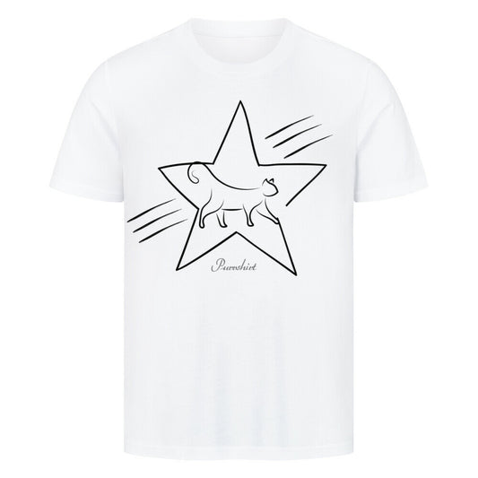 Grafik einer aufrecht stehenden Katze mit erhobenem Kopf, umrahmt von einem symmetrischen fünfzackigen Stern – ein auffälliges T-Shirt-Motiv für Katzenfans mit einem Hauch Galaxie-Flair. in weiß