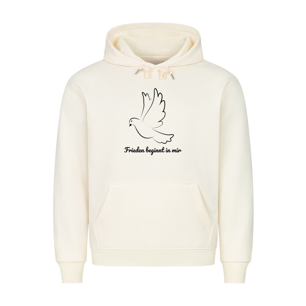 Frieden beginnt in mir Hoodie, Frieden in der Welt, spiritueller Hoodie, Sabine Frieden Kollektion, Friedensbotschaft Kleidung, Hoodie mit Botschaft, positives Statement Hoodie, Yoga Hoodie, Achtsamkeit, Meditation, Hoodie color: beige