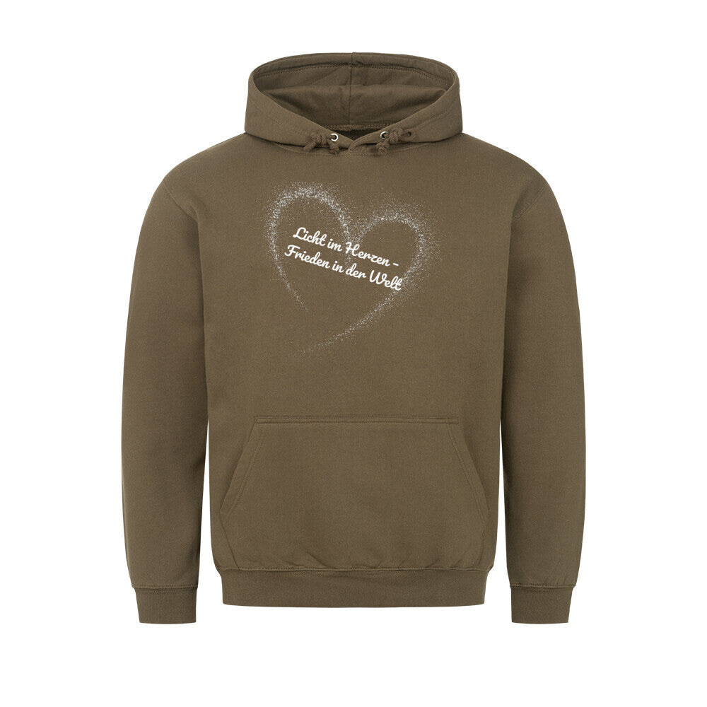 Licht im Herzen Hoodie, Frieden in der Welt, spiritueller Hoodie, Sabine Frieden Kollektion, Friedensbotschaft Kleidung, Hoodie mit Botschaft, positives Statement Hoodie, Yoga Hoodie, Achtsamkeit, Meditation, color: olive