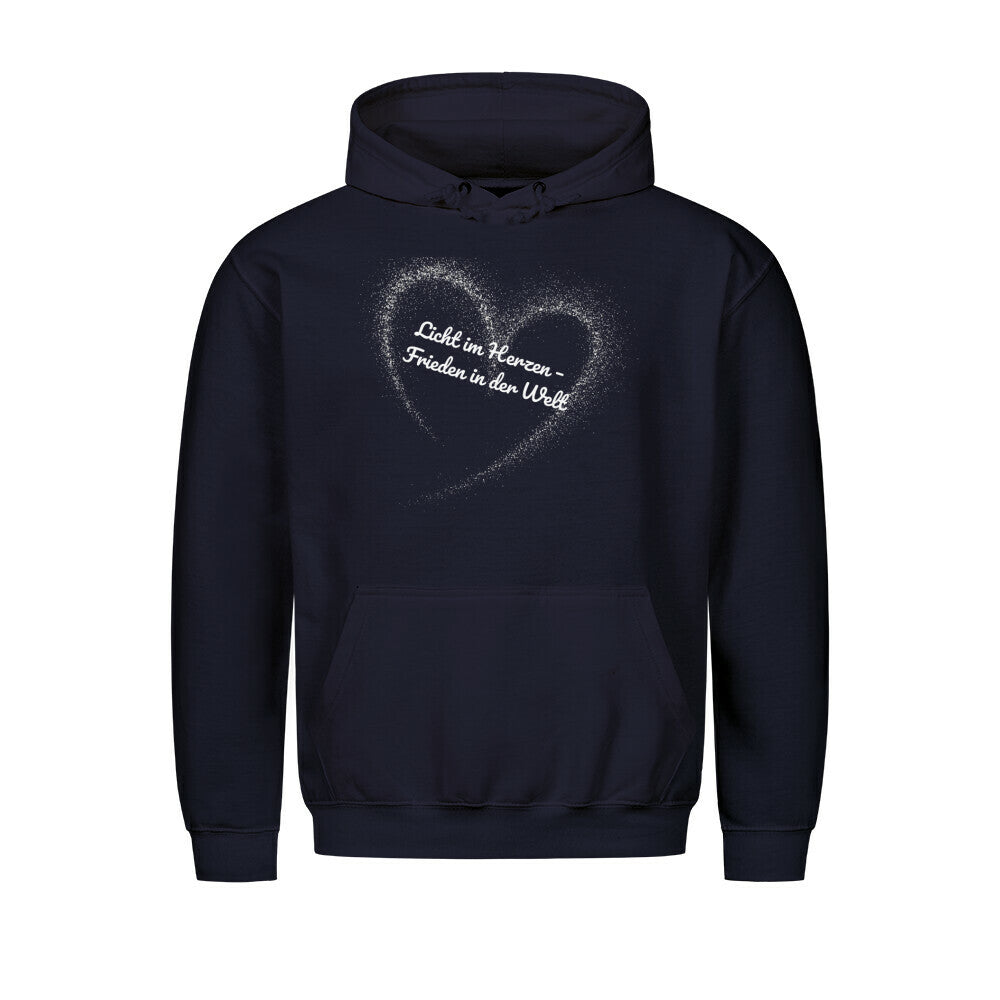 Licht im Herzen Hoodie, Frieden in der Welt, spiritueller Hoodie, Sabine Frieden Kollektion, Friedensbotschaft Kleidung, Hoodie mit Botschaft, positives Statement Hoodie, Yoga Hoodie, Achtsamkeit, Meditation, color: new french navy