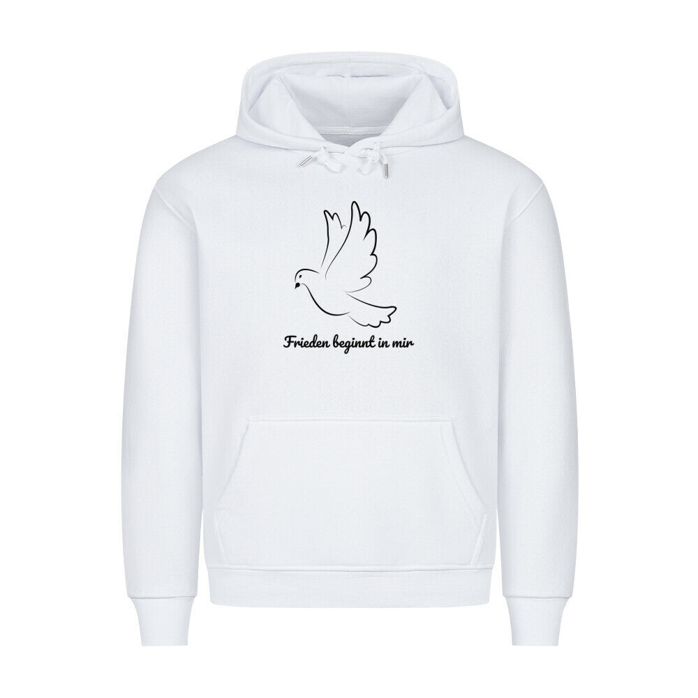 Frieden beginnt in mir Hoodie, Frieden in der Welt, spiritueller Hoodie, Sabine Frieden Kollektion, Friedensbotschaft Kleidung, Hoodie mit Botschaft, positives Statement Hoodie, Yoga Hoodie, Achtsamkeit, Meditation, Hoodie, color: weiß