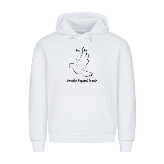 Frieden beginnt in mir Hoodie, Frieden in der Welt, spiritueller Hoodie, Sabine Frieden Kollektion, Friedensbotschaft Kleidung, Hoodie mit Botschaft, positives Statement Hoodie, Yoga Hoodie, Achtsamkeit, Meditation, Hoodie, color: weiß